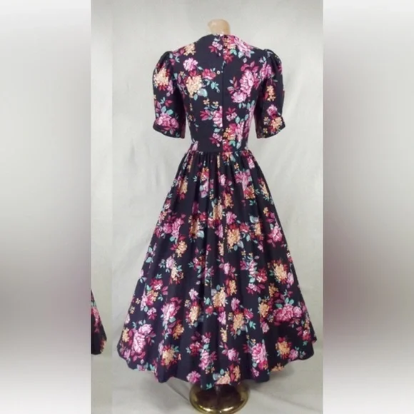 Laura Ashley prairie Floral black Dress with Pink and green Accents puff sleeve - Picture 7 of 13